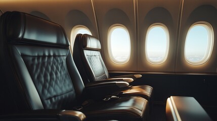 Poster - Two empty leather seats in a modern airplane cabin with a view of the clouds and sky through oval windows.