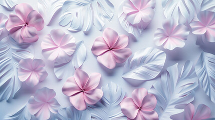 Poster - Beautiful flat lay of pink paper flowers and white leaves arranged artistically on a soft background for graphic resources.