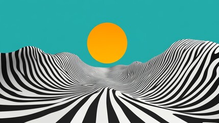 2410_020.optical illusion with flowing black and white wavy lines, creating a surreal landscape, bold yellow circle and geometric shapes, futuristic vector illustration, minimalistic style with teal