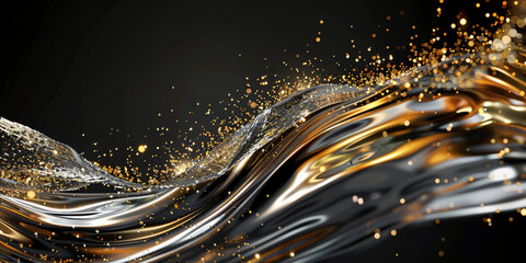 Poster - Abstract digital illustration of flowing metallic waves with golden highlights against a dark background for graphic resources.
