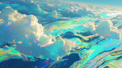 Poster - Dreamy digital painting of iridescent waves and fluffy clouds against a bright sky, creating an ethereal atmosphere for graphic resources.