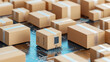 © Studios - Extensive collection of interconnected cardboard boxes linked to a microchip, depicted in a 3D illustration.
