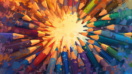 Poster - Vibrant digital illustration of colored pencils arranged in a circle radiating towards a bright center, emphasizing creativity for graphic resources.