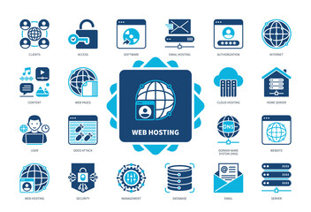 Poster - Web Hosting icon set. Cloud Hosting, Access, User, Security, Database, Server, Website, Ddos Attack. Duotone color solid icons