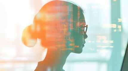 Poster - A profile silhouette of a woman with glasses, overlaid by abstract digital data, symbolizes innovation and technology in the modern workplace.