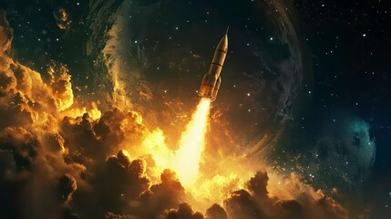 Aufkleber - A rocket launching into space, surrounded by clouds and stars, symbolizing exploration.