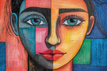 Poster - Colorful cubist portrait representing duality and complexity