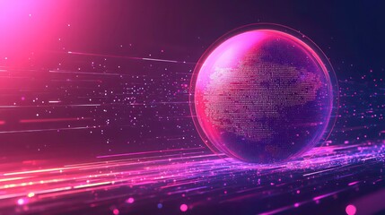 Poster - A futuristic sphere surrounded by vibrant light trails and particles.