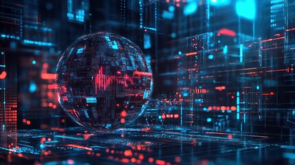 Poster - A futuristic sphere surrounded by flowing data streams, representing technology and innovation.