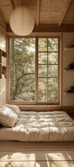 Aufkleber - Minimalist Japanese Bedroom Serenity with Natural Light and Wooden Accents