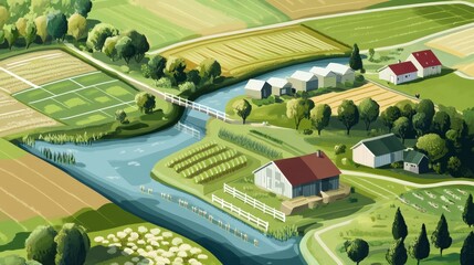 A serene landscape depicting a farm with fields, a river, and houses, showcasing vibrant greenery and rural tranquility.