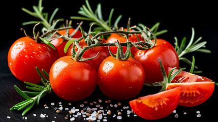 Wall Mural - Fresh tomatoes with rosemary herbs and cooking ingredients on black background