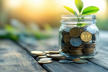 Poster - Plant growing in savings jar filled with coins symbolizing investment growth