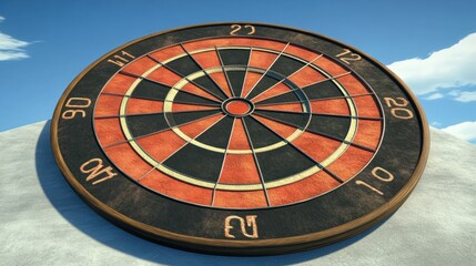 Dart in bullseye of dartboard with blue sky background. hitting target, goal and success