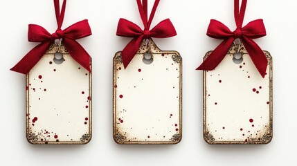 Wall Mural - Three blank christmas gift tags hanging with red ribbon bows on white background