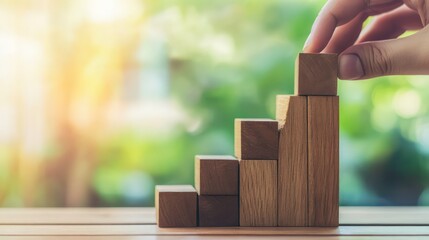 Poster - A hand places a wooden block on a staircase of blocks, symbolizing growth and progress.