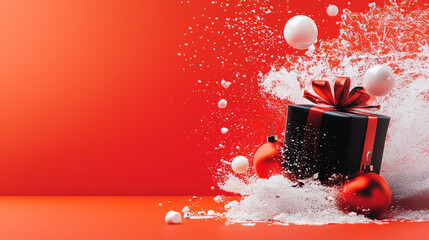 gift explosion with bold graphic design featuring black box, red ribbon, and festive ornaments against vibrant red background