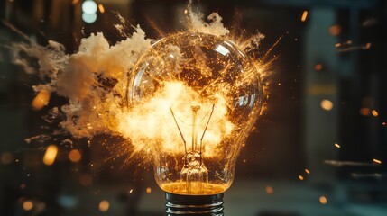 Poster - A light bulb explosively shattering, emitting sparks and smoke, symbolizing energy and innovation.