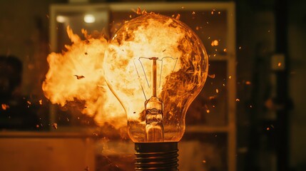 Poster - A light bulb ignites with flames and sparks, showcasing energy and transformation.