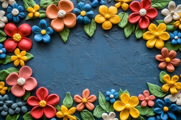 Poster - Colorful clay flowers forming a frame on dark blue background. Copy space for text