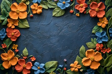 Poster - Colorful clay flowers creating a frame on dark blue textured background. Copy space for text