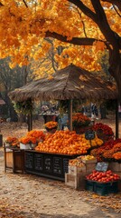 Wall Mural - Vibrant Autumn Fair with Fall Leaves Backdrop – Perfect for Thanksgiving and Halloween Celebrations