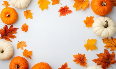 Wall Mural - Autumn Festival Border with Leaves and Pumpkins for Halloween and Thanksgiving Promotions