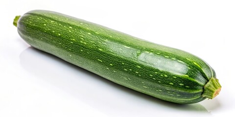 A fresh, green zucchini with a smooth, glossy skin, isolated on a white background, ready for cooking or eating.