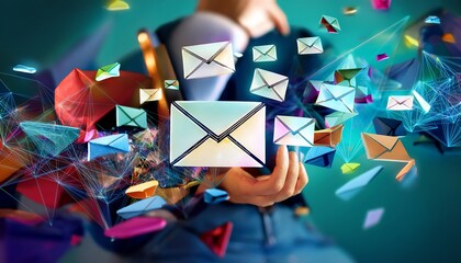Poster - A digital concept image showing a person holding an email with colorful envelopes swirling around, symbolizing communication and connectivity.
