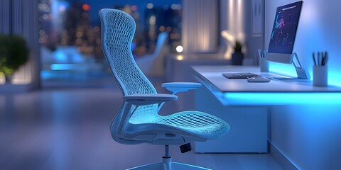 Poster - A modern ergonomic chair beside a sleek desk in a stylish, illuminated office space.