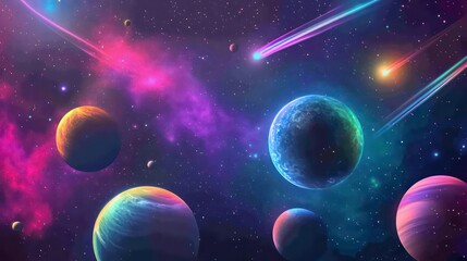 Poster - A vibrant cosmic scene featuring planets and colorful light streaks in a starry background.