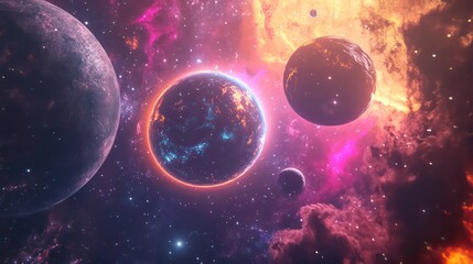 Poster - A vibrant cosmic scene featuring multiple planets and colorful nebulae in space.