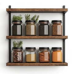 A rustic shelf displays various jars filled with herbs, spices, and grains, showcasing a blend of natural ingredients for cooking and flavoring.