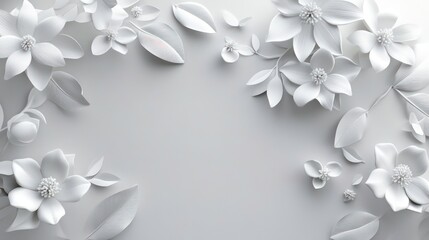 Poster - A minimalist design featuring white flowers and leaves on a soft gray background.
