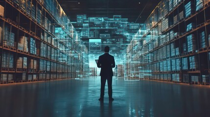 Poster - A businessman stands in a warehouse with digital data projections around him.