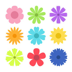 Spring flower set. Daisy chamomile, cornflower, sun flower, chrysanthemum. Colorful flowers collection. Fresh and blooming elements. Growing concept. Flat design. White background Isolated. Vector