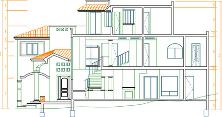 Wall Mural - Vector sketch illustration of the silhouette of the architectural design of a house building in the desert in vintage style