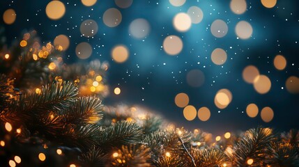 Aufkleber - The festive background features golden lights garlands and spruce sprigs