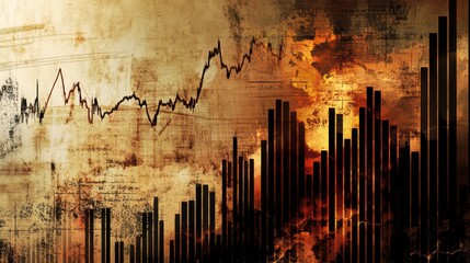 Poster - Abstract representation of financial data with fluctuating graphs and urban skyline backdrop.