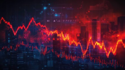 Poster - Abstract representation of financial data with fluctuating graphs and urban skyline backdrop.