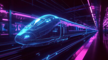 Poster - Futuristic train in a neon-lit tunnel, showcasing advanced transportation technology.