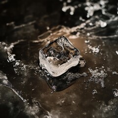 Poster - Ice Cube on Dark Surface with Water Droplets