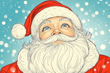 A cartoon of Santa Claus with a red hat and beard. He is looking up at the sky