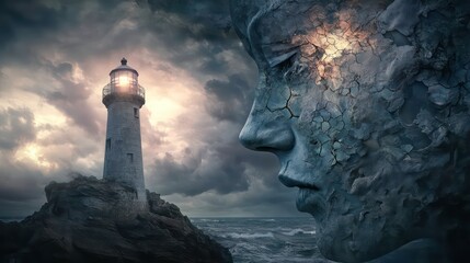 Aufkleber - The Shattered Mind's Refuge A lighthouse illuminates the fragmented psyche of a stoic statue, its weathered facade reflecting inner turmoil and resilience in the face of a stormy sea.