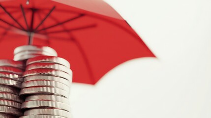 Poster - Stacked coins under an umbrella symbolizing financial protection and savings.