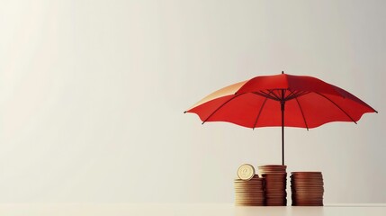 Aufkleber - The stack of coins is under a red umbrella with a white background