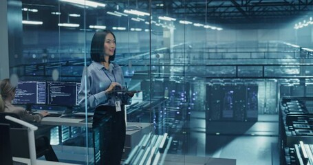 Poster - Asian Female Systems Administrator Standing in a Glass Office, Adjusting Configuration Settings on Her Laptop Computer, Operating Cloud Services Servers for Artificial Intelligence Training