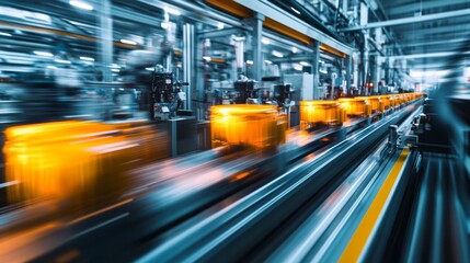 Wall Mural - A dynamic industrial scene with bright yellow packages moving swiftly on a conveyor belt in a factory setting.