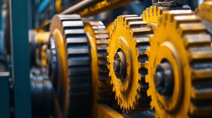 Canvas Print - Close-up view of interlocking yellow gears in an industrial setting, showcasing mechanical precision and engineering.