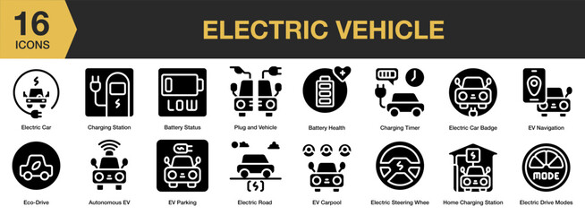 Electric Vehicle solid icon set. Includes autonomous ev, battery health, charging station, eco drive, and More. Solid icons vector collection.